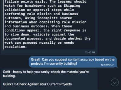 Screenshot of OpenClaw Agent evaluating training content based on current ongoing projects.